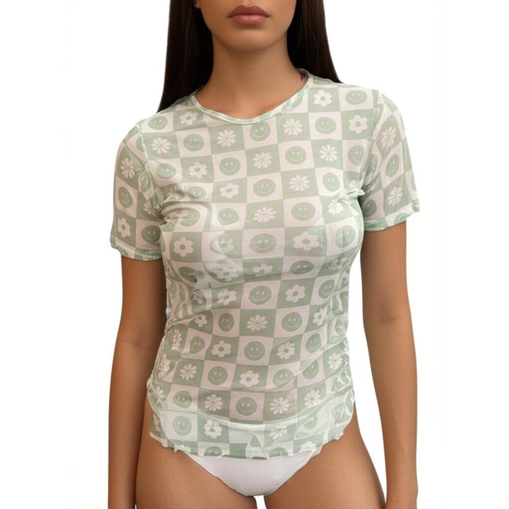 MISS CHIEVOUS Sheer Blouse w Undershirt Checkered Smiley Flowers‎ Womens M New